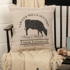 Buy 🤩 VHC Brands Sawyer Mill Charcoal Cow Pillow 18x18 👍