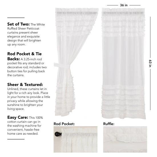 New π VHC Brands White Ruffled Sheer Petticoat Short Panel Set Of 2 63x36 - Short Panel 63x36 π - Image 2