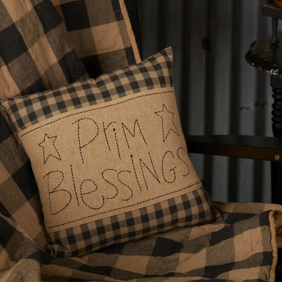 Outlet π VHC Brands Black Check Prim Blessings Pillow 12x12 β