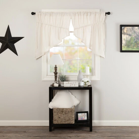 Promo π VHC Brands Farmhouse Kitchen Curtains VHC Cotton Burlap Prairie Swag Pair Rod Pocket Solid Color - Prairie Swag 36x36x18 Natural β - Image 2