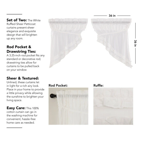 New π VHC Brands White Ruffled Sheer Petticoat Prairie Swag Set Of 2 36x36x18 - Prairie Swag 36x36x18 β - Image 2