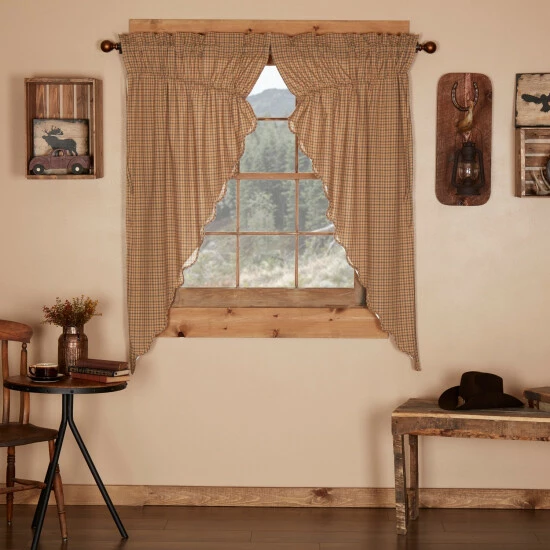 Budget π VHC Brands Tan Rustic Curtains Prairie Panel Pair Rod Pocket Cotton Plaid - 63x36 π - Image 2