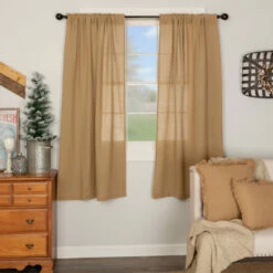 Best Pirce 🔥 VHC Brands Farmhouse Curtains VHC Cotton Burlap Short Panel 63x36 Pair Rod Pocket Cotton Solid Color - Short Panel 63x36 Vintage Tan 🔔