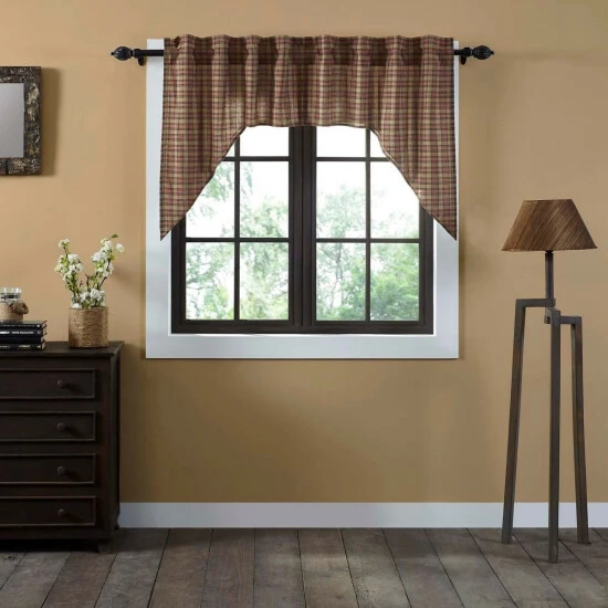 Discount π VHC Brands Tan Primitive Kitchen Curtains VHC Crosswoods Swag Pair Rod Pocket Cotton Plaid - Swag 36x36x16 - Swag 36x36x16 π