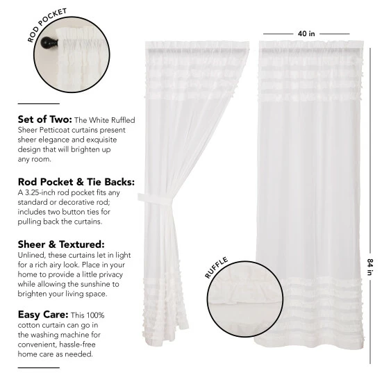 Hot Sale π― VHC Brands White Ruffled Sheer Petticoat Panel Set Of 2 84x40 - Panel 84x40 β - Image 2