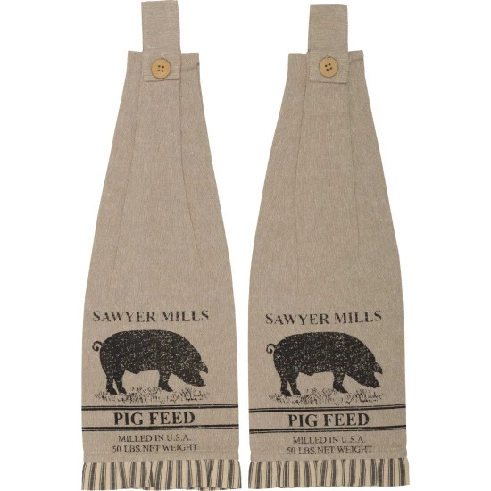 Promo π VHC Brands Sawyer Mill Charcoal Pig Button Loop Kitchen Towel Set Of 2 - Kitchen Towel 6.5x18 β€οΈ - Image 3