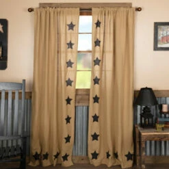 Buy ✔️ VHC Brands Farmhouse Curtains VHC Burlap Natural Stars Panel Pair Rod Pocket Cotton Star Stenciled Cotton Burlap - Panel 84x40 Country Black / Natural 😀