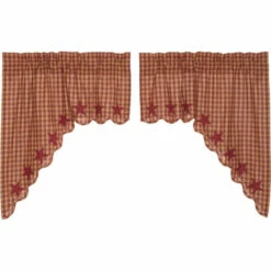 Discount ✔️ VHC Brands Primitive Kitchen Curtains Star Swag Pair Rod Pocket Cotton Star - Swag 36x36x16 Burgundy/dark Tan 🌟