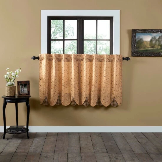 Hot Sale π VHC Brands Tan Primitive Kitchen Curtains VHC Maisie Tier Pair Rod Pocket Cotton Floral - Flower Buttons π₯° - Image 3
