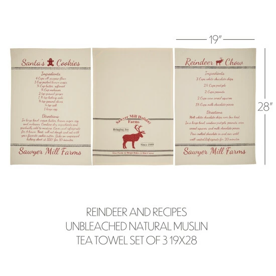 Best Pirce 𧨠VHC Brands Sawyer Mill Holiday Reindeer And Recipes Tea Towel Set Of 3 19x28 - Tea Towel 28x19 π― - Image 3