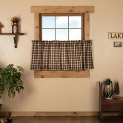 Wholesale ✔️ VHC Brands Brown Rustic Kitchen Curtains VHC Rory Tier Pair Rod Pocket Cotton Plaid 🧨