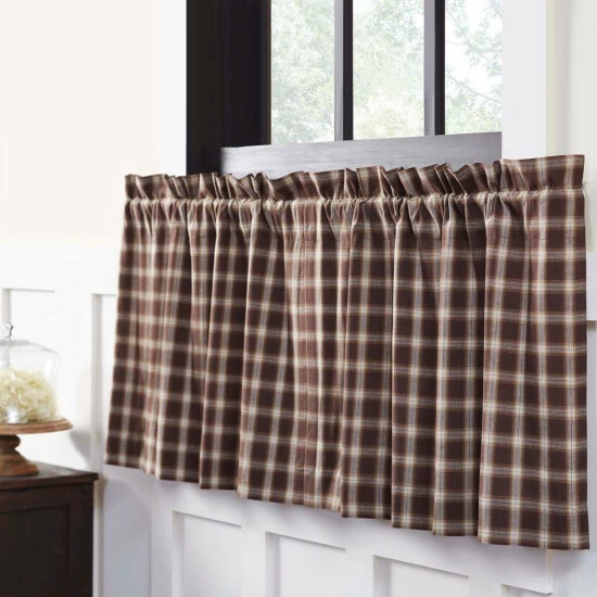 Wholesale βοΈ VHC Brands Brown Rustic Kitchen Curtains VHC Rory Tier Pair Rod Pocket Cotton Plaid 𧨠- Image 2