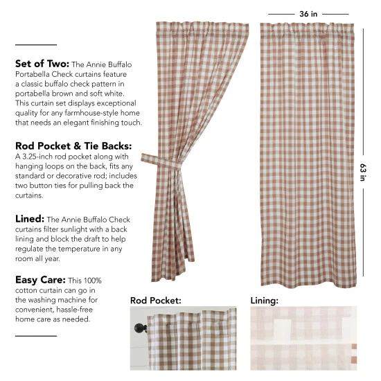 Budget π VHC Brands Annie Buffalo Portabella Check Short Panel Set Of 2 63x36 𧨠- Image 2