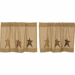 Cheapest ❤️ VHC Brands Tan Primitive Kitchen Curtains VHC Stratton Burlap Star Tier Pair Rod Pocket Cotton Star Appliqued Cotton Burlap ❤️