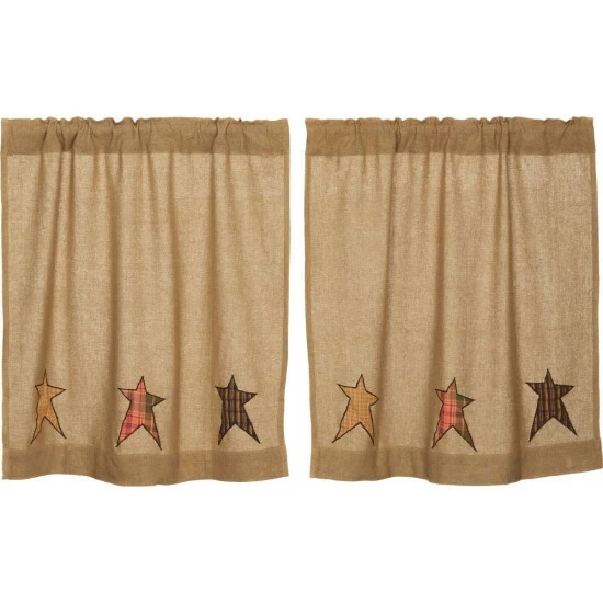 Cheapest ❤️ VHC Brands Tan Primitive Kitchen Curtains VHC Stratton Burlap Star Tier Pair Rod Pocket Cotton Star Appliqued Cotton Burlap ❤️ - Image 2