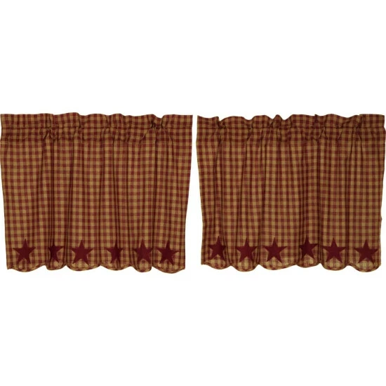 New π VHC Brands Primitive Kitchen Curtains VHC Star Tier Pair Rod Pocket Cotton Star Appliqued Dark Tan π