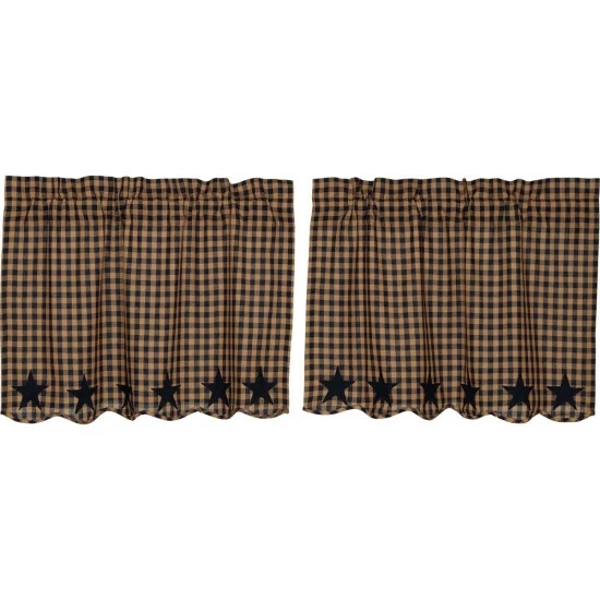 New π VHC Brands Primitive Kitchen Curtains VHC Star Tier Pair Rod Pocket Cotton Star Appliqued Dark Tan π - Image 2