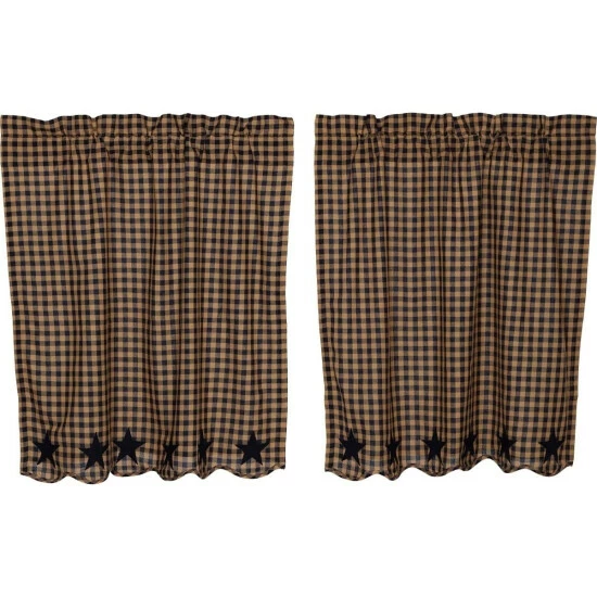 New π VHC Brands Primitive Kitchen Curtains VHC Star Tier Pair Rod Pocket Cotton Star Appliqued Dark Tan π - Image 3