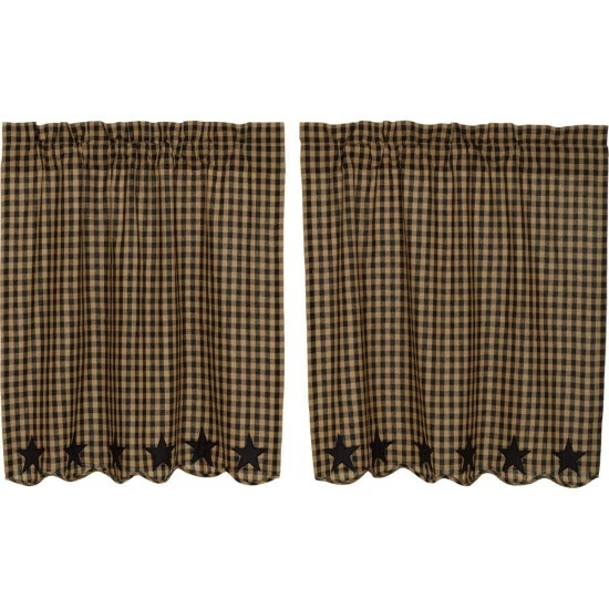New π VHC Brands Primitive Kitchen Curtains VHC Star Tier Pair Rod Pocket Cotton Star Appliqued Dark Tan π - Image 5