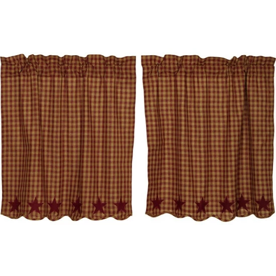 New π VHC Brands Primitive Kitchen Curtains VHC Star Tier Pair Rod Pocket Cotton Star Appliqued Dark Tan π - Image 6