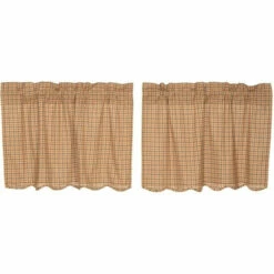 Hot Sale 😍 VHC Brands Tan Rustic Kitchen Curtains VHC Millsboro Tier Pair Rod Pocket Cotton Plaid 👍