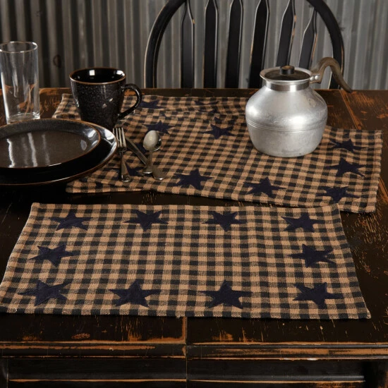 Hot Sale π VHC Brands Primitive Tabletop Kitchen Star Placemat Set Of 6 Cotton Star - Placemat 12x18 Burgundy/dark Tan π - Image 3