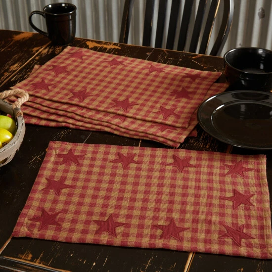 Hot Sale π VHC Brands Primitive Tabletop Kitchen Star Placemat Set Of 6 Cotton Star - Placemat 12x18 Burgundy/dark Tan π - Image 4