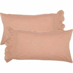 Brand new 🤩 VHC Brands Sawyer Mill Red Ticking Stripe Ruffled King Pillow Case Set Of 2 21x40 🛒