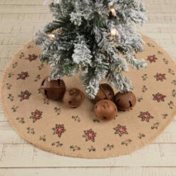 Best deal 🔔 VHC Brands Jute Burlap Poinsettia Tree 👗 Skirt Natural/deep Green/holly Berry Red 😉