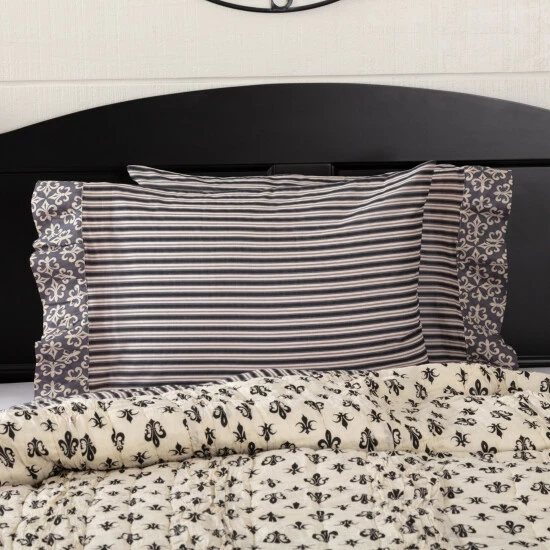 Promo π VHC Brands Black Farmhouse Bedding VHC Elysee Pillow Case Set Of 2 Cotton Striped Creme/raven/charcoal Grey π