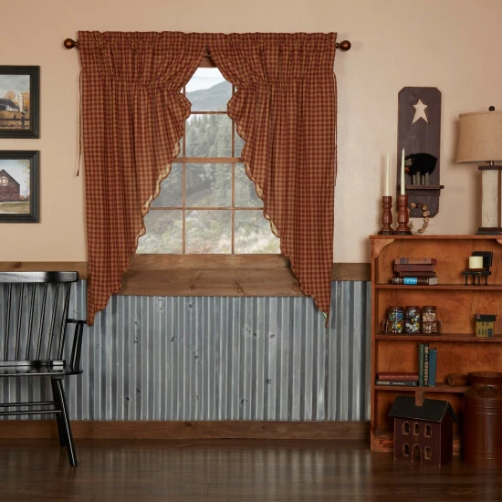 Cheap π VHC Brands Check Scalloped Prairie Short Panel Set Of 2 63x36x18 - 63x36 Dark Tan/burgundy π - Image 2