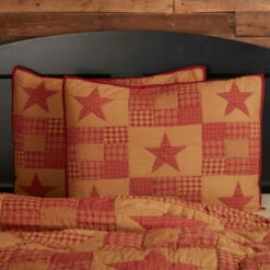 Best Sale ⌛ VHC Brands Red Primitive Bedding VHC Ninepatch Star Sham Cotton Star Patchwork 🥰