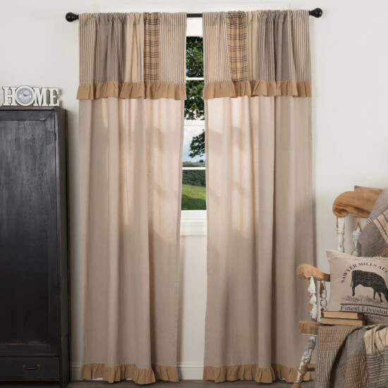 Discount π₯° VHC Brands Sawyer Mill Patchwork Panel With Valance Set - Panel 84x40 Khaki/charcoal Grey/dark Creme π