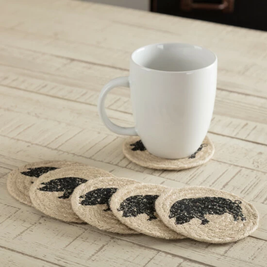 Outlet π VHC Brands Sawyer Mill Charcoal Pig Jute Coaster Set Of 6 - Coaster Set π