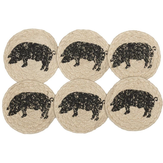 Outlet π VHC Brands Sawyer Mill Charcoal Pig Jute Coaster Set Of 6 - Coaster Set π - Image 3